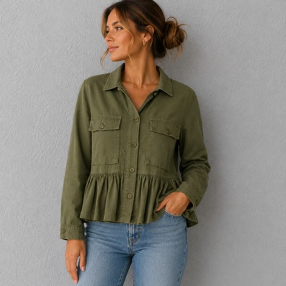 The Great Utility Jacket Womens 2/M Green Linen Blend Ruffle Hem Button Front